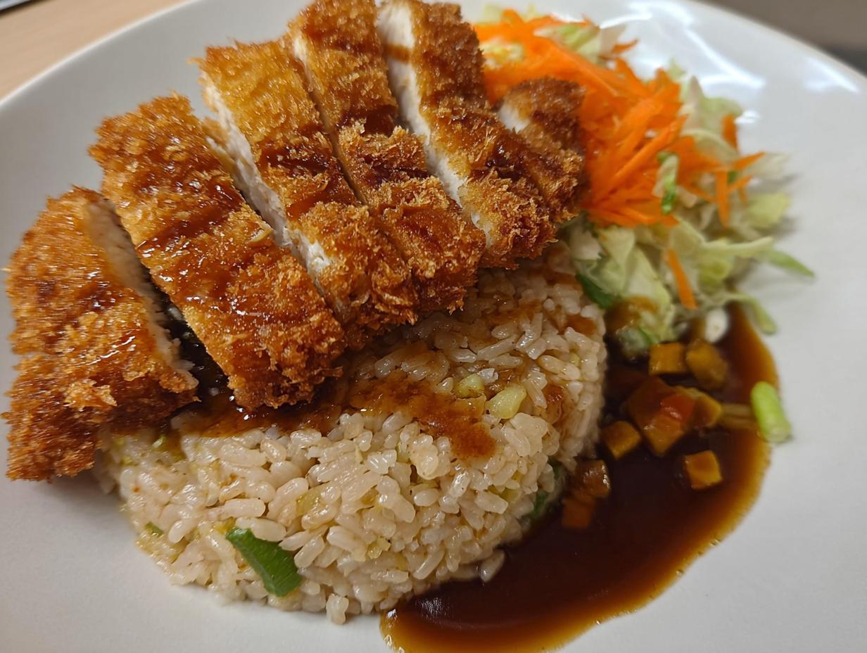 A plated Katsu Bowl with brown rice, topped with sliced, crispy fried chicken and drizzled with sauce, served with shredded vegetables.