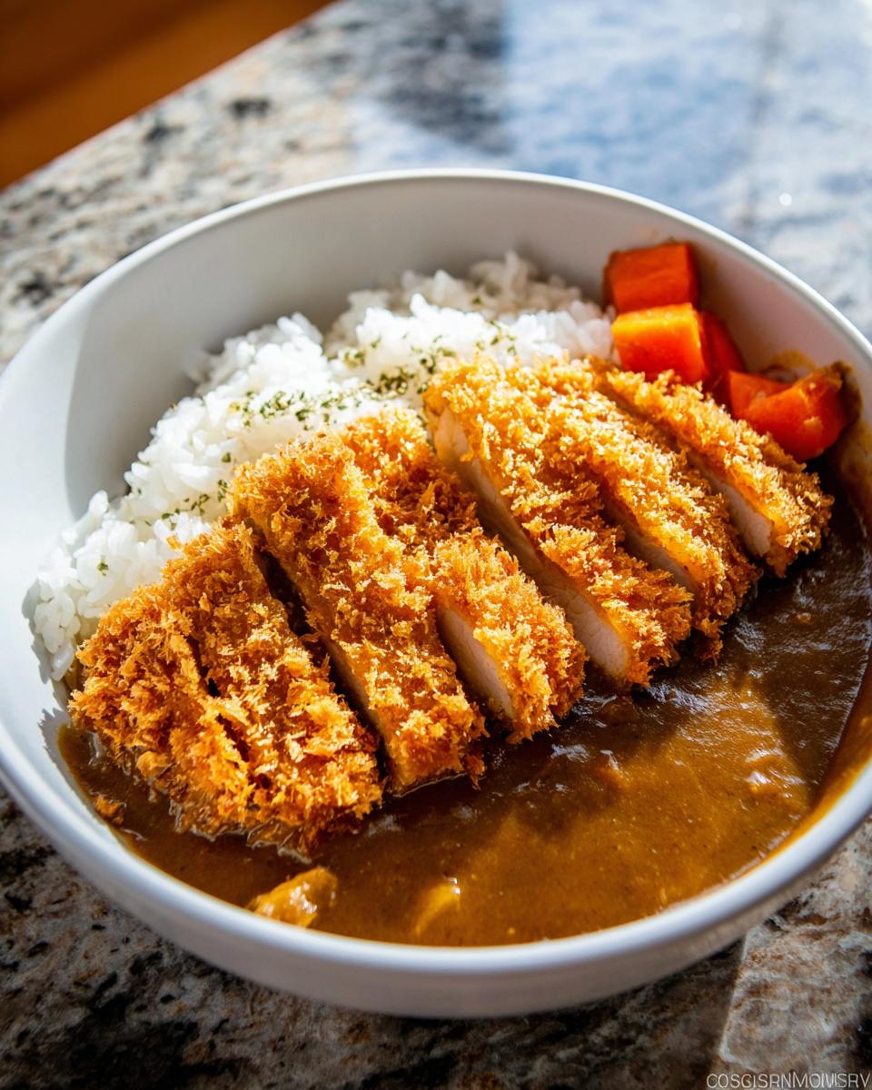 A close-up of a Katsu Bowl with Curry Sauce featuring sliced, crispy katsu over rice and rich brown curry sauce.