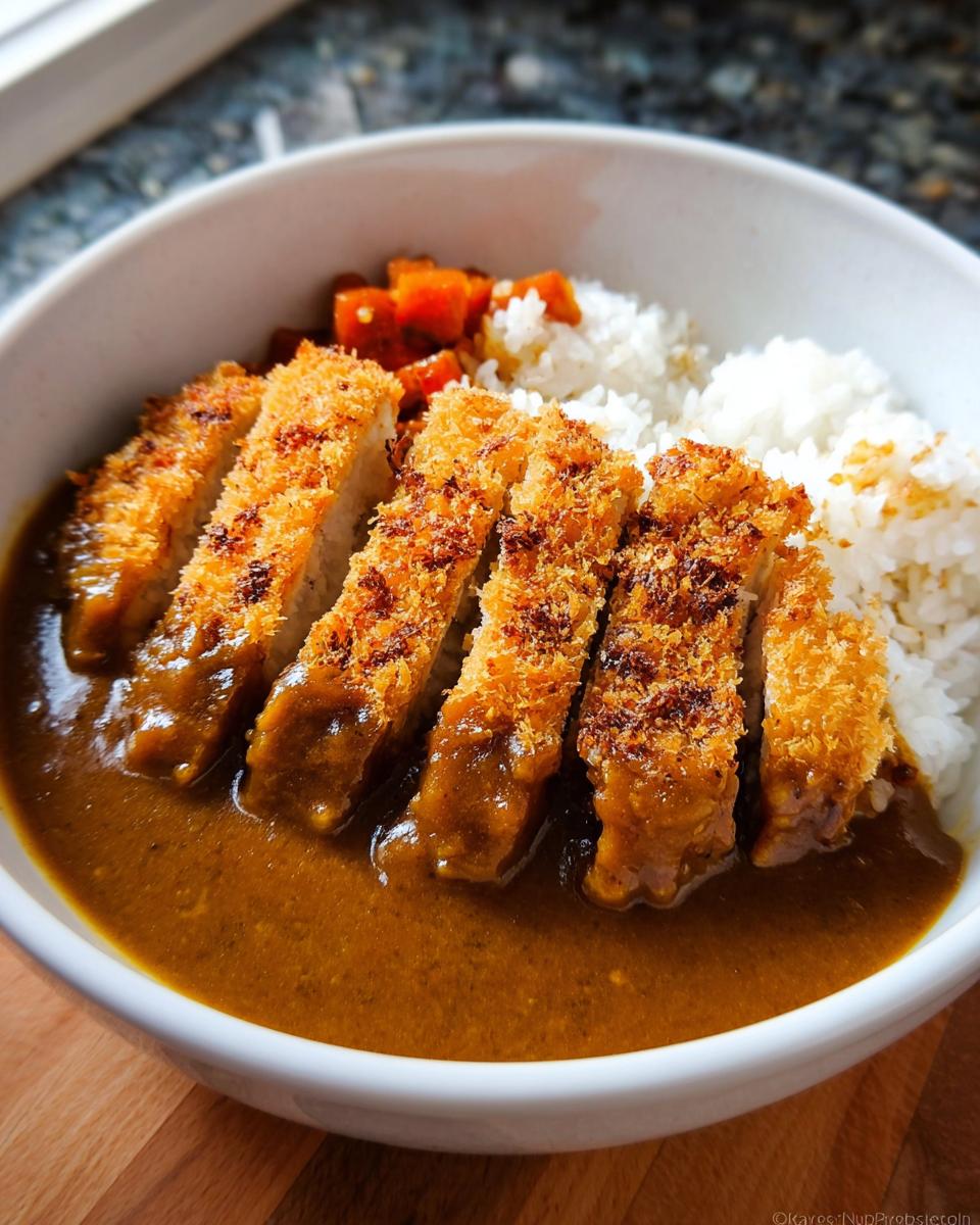 A close-up of a Katsu Bowl with Curry Sauce, featuring sliced, crispy fried cutlet over rice and rich curry sauce.