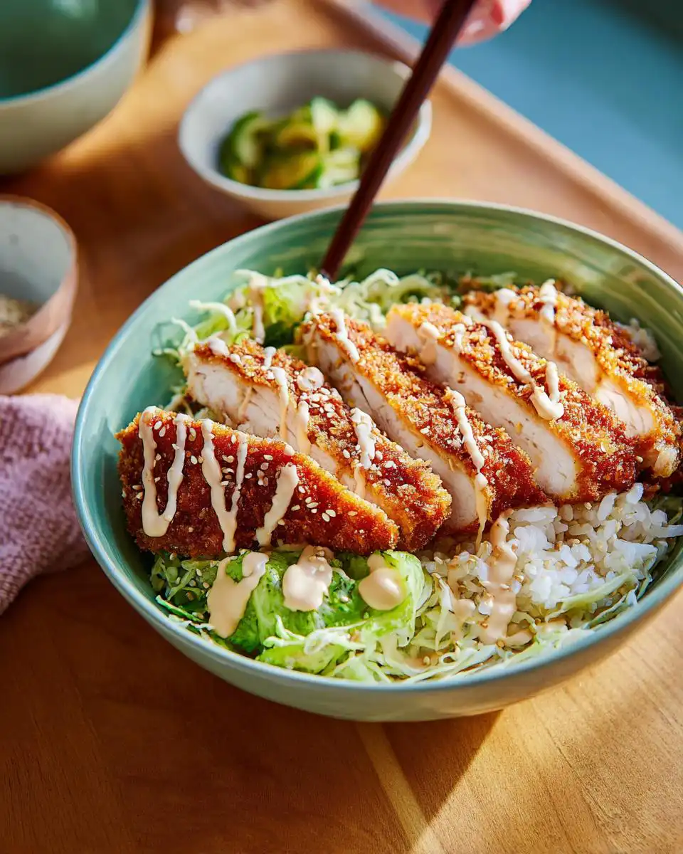 A close-up of a Katsu Bowl with Sesame Dressing featuring sliced crispy chicken over rice and cabbage.