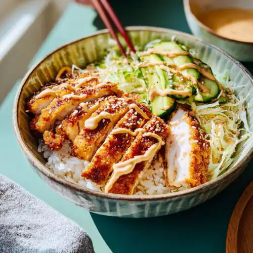 A close-up of a Katsu Bowl with sesame dressing drizzled over crispy chicken, rice, and cucumbers.