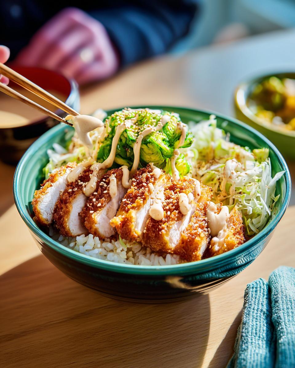 A person uses chopsticks to drizzle creamy sesame dressing over a sliced Katsu Bowl with rice and shredded cabbage.