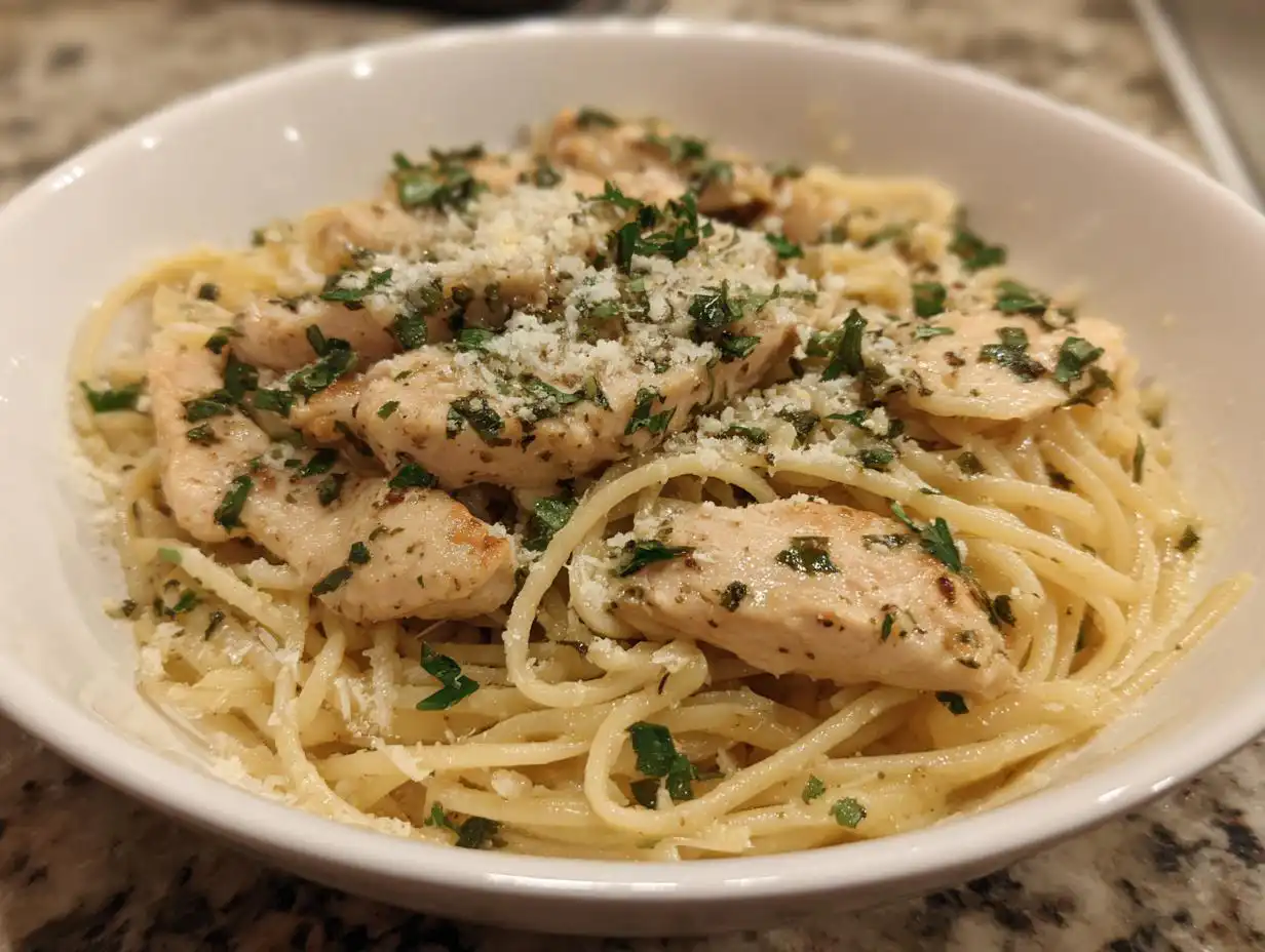 Close-up of a white bowl filled with Light Garlic Chicken Pasta, topped with sliced chicken, grated cheese, and fresh parsley.
