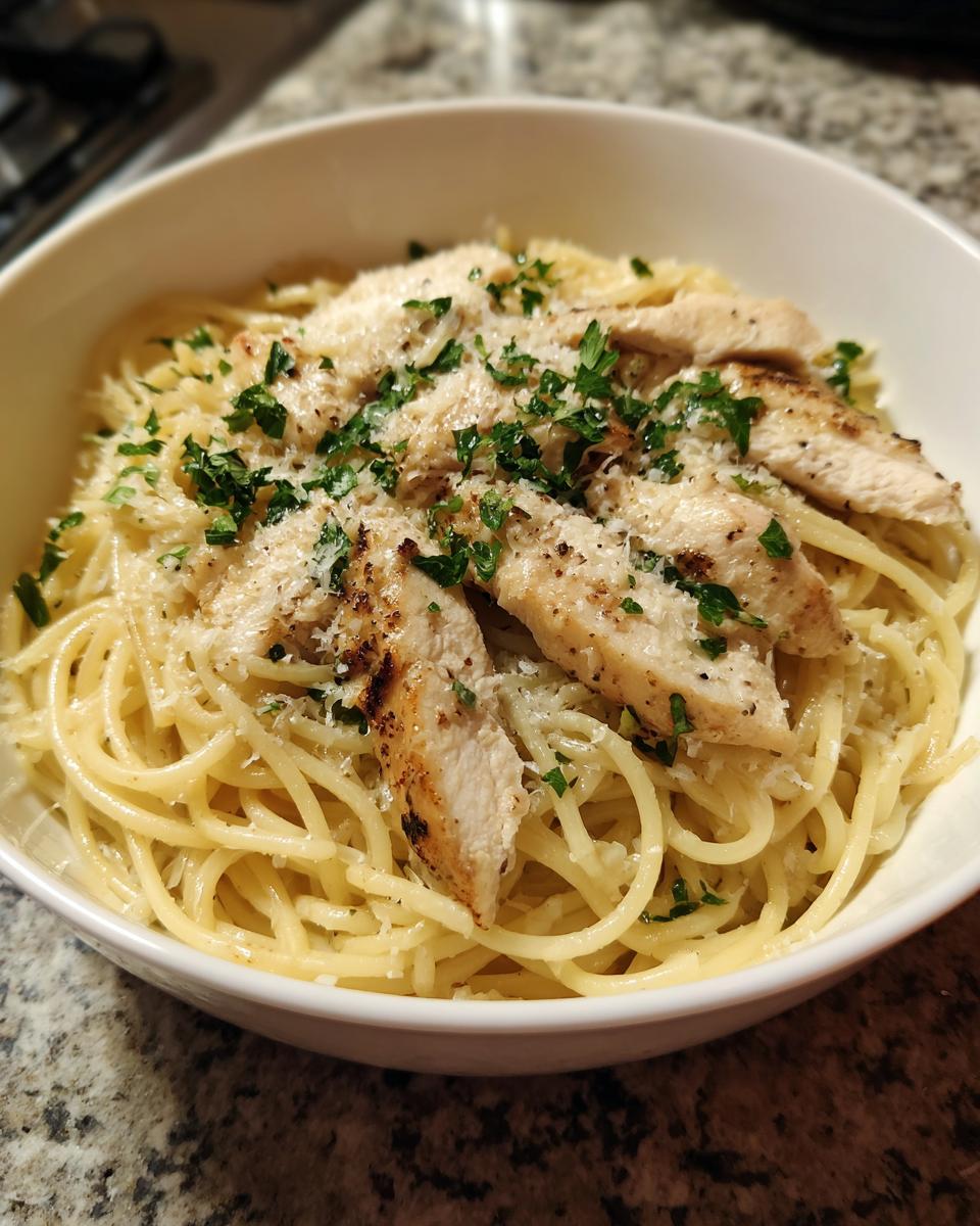 A white bowl filled with Light Garlic Chicken Pasta, topped with sliced grilled chicken, grated Parmesan, and fresh parsley.