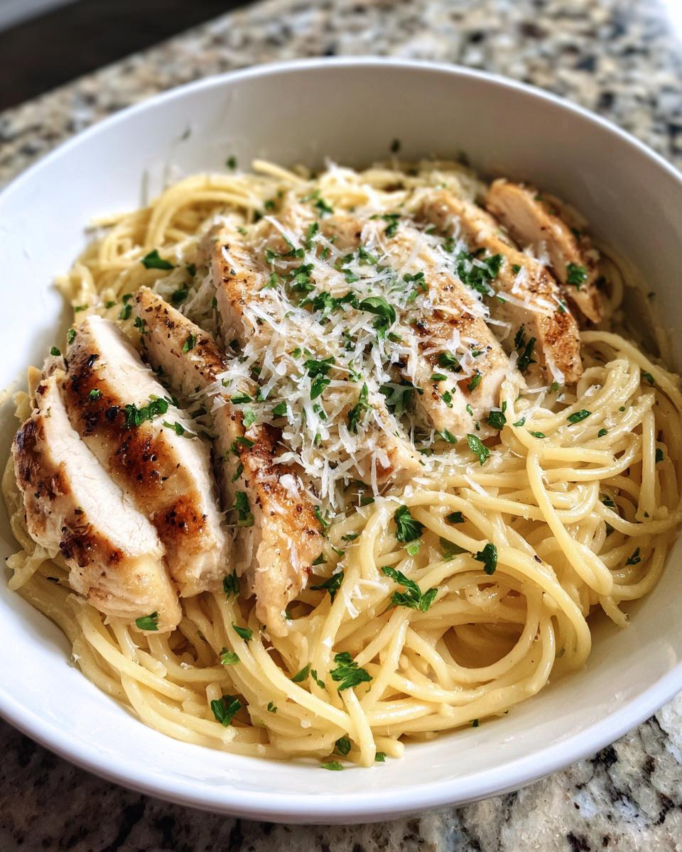A white bowl filled with Light Garlic Chicken Pasta topped with sliced grilled chicken, grated Parmesan, and fresh parsley.