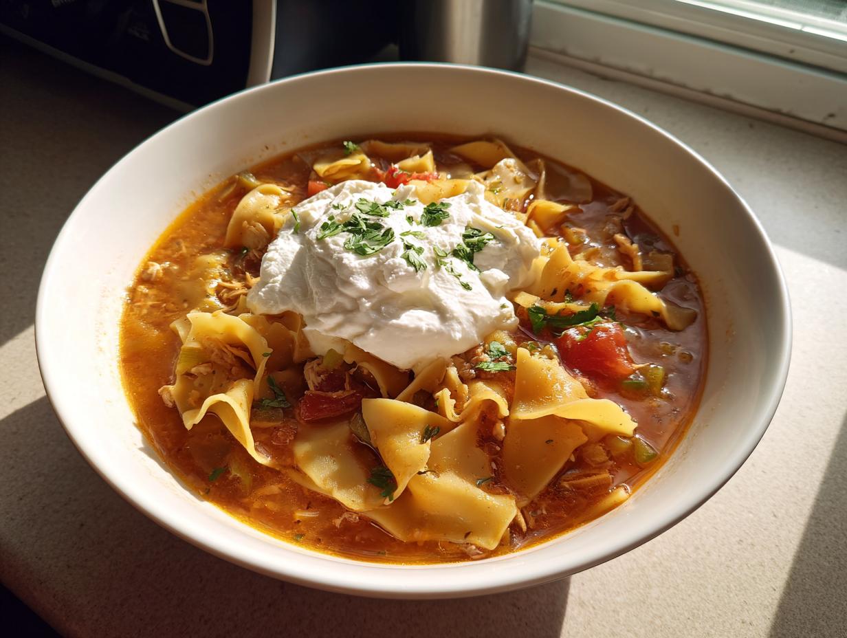 A hearty bowl of Low Fat Lasagna Soup featuring wide noodles, tomato broth, and topped with a large dollop of Greek yogurt or ricotta.