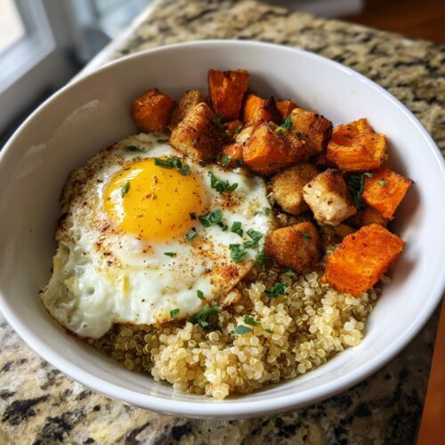 A Meal Prep Breakfast Bowl with protein, quinoa, roasted sweet potatoes, and a sunny-side-up egg.