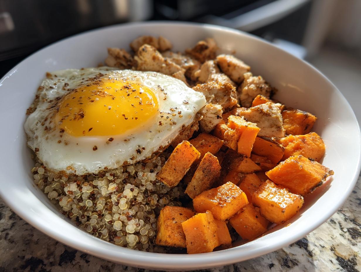 A Meal Prep Breakfast Bowl with protein chunks, roasted sweet potatoes, quinoa, and a sunny-side-up egg.
