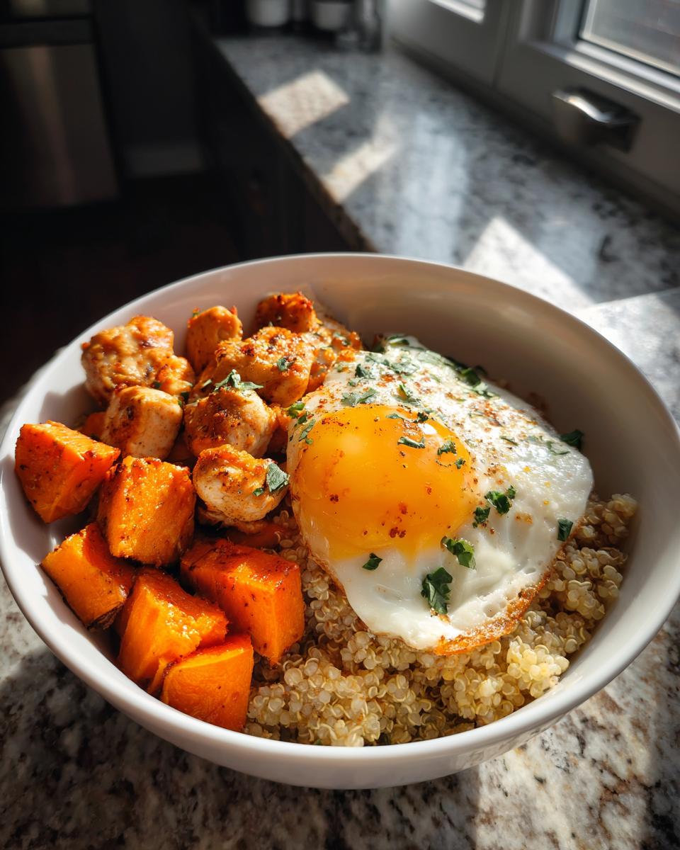 Close-up of a Meal Prep Breakfast Bowl with Protein featuring quinoa, seasoned chicken, roasted sweet potatoes, and a sunny-side-up egg.