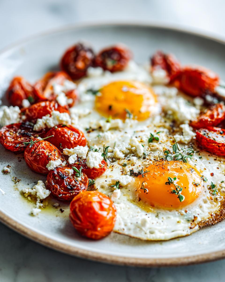 Two sunny-side-up eggs with roasted cherry tomatoes and feta, a Savory Breakfast Inspired by the Mediterranean Diet.