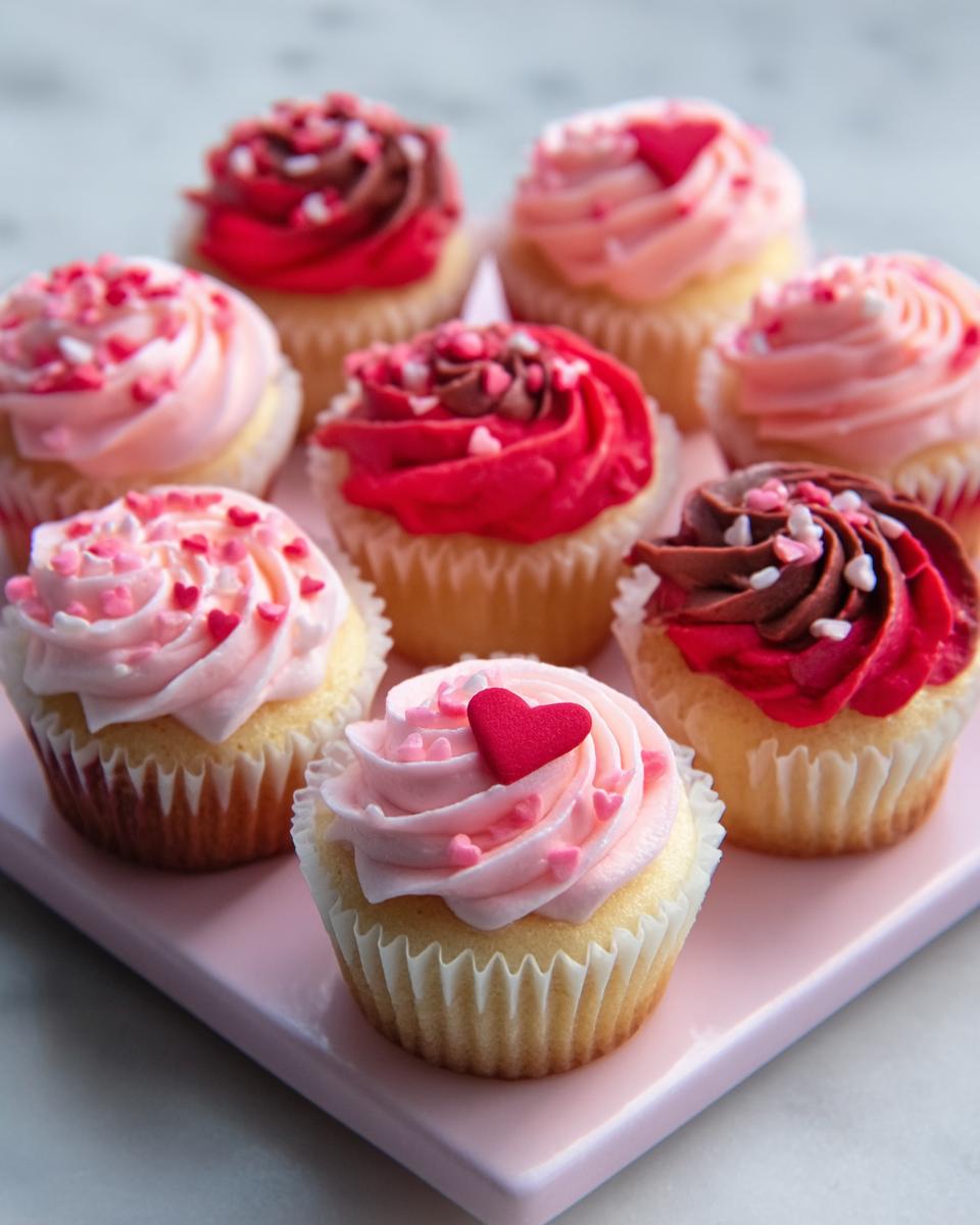 A close-up of several Mini Valentine Cupcakes for Gifting with pink, red, and chocolate frosting and heart sprinkles.