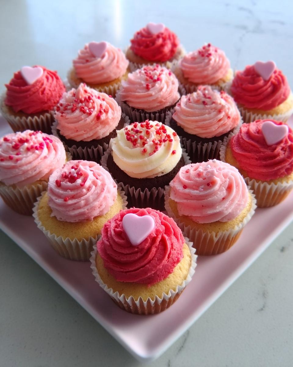A platter of assorted Mini Valentine Cupcakes for Gifting, featuring pink and red frosting and heart sprinkles.