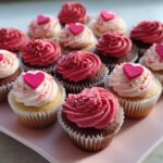 A platter of assorted Mini Valentine Cupcakes for Gifting, featuring pink and red frosting and heart sprinkles.
