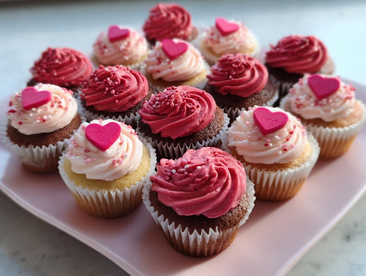 A platter of assorted Mini Valentine Cupcakes for Gifting, featuring pink and red frosting and heart sprinkles.
