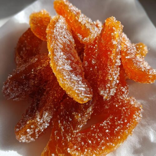 Close-up of glistening, orange candied peel pieces coated heavily in sparkling sugar, representing Mixed Peel with Brown Sugar.