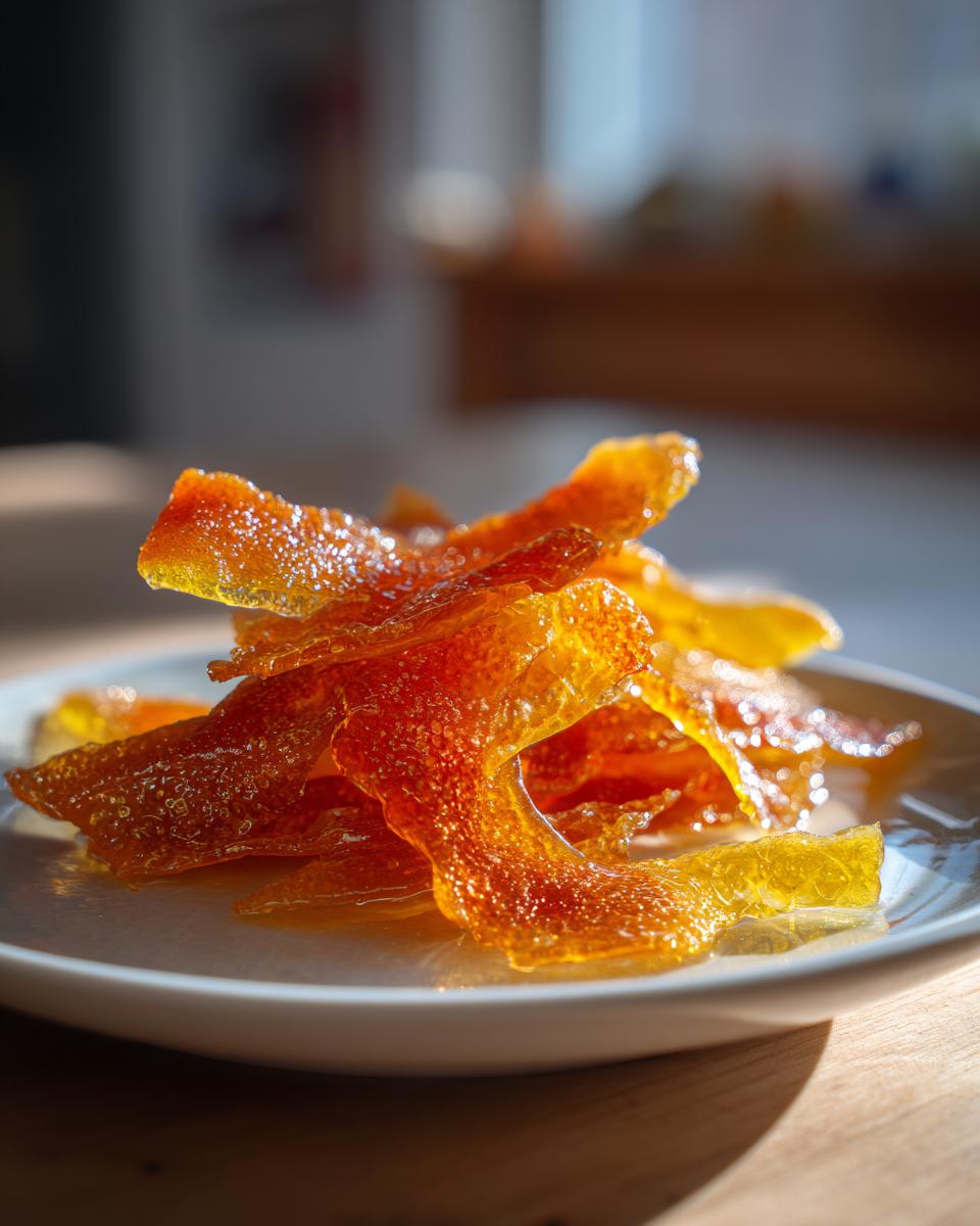 Close-up of glistening, candied Mixed Peel with Vanilla Syrup piled on a white plate, catching the sunlight.