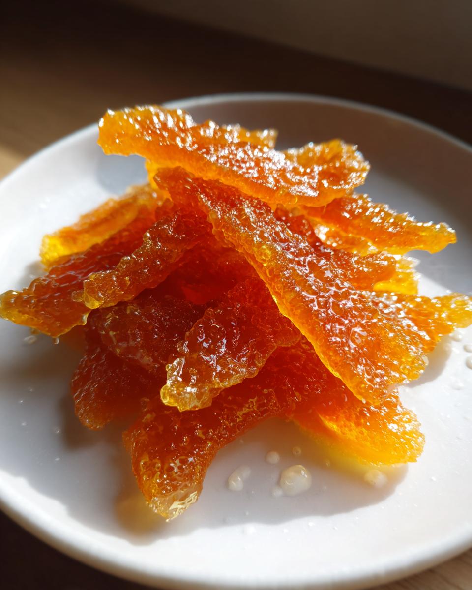 Close-up of glistening, candied orange strips, representing Mixed Peel with Vanilla Syrup, piled on a white plate.