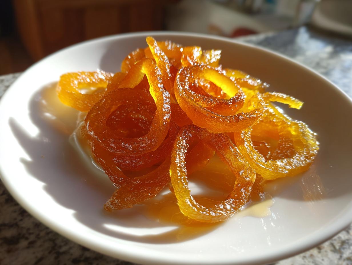 Close-up of glistening, curled strands of Mixed Peel with Vanilla Syrup served in a small white dish.