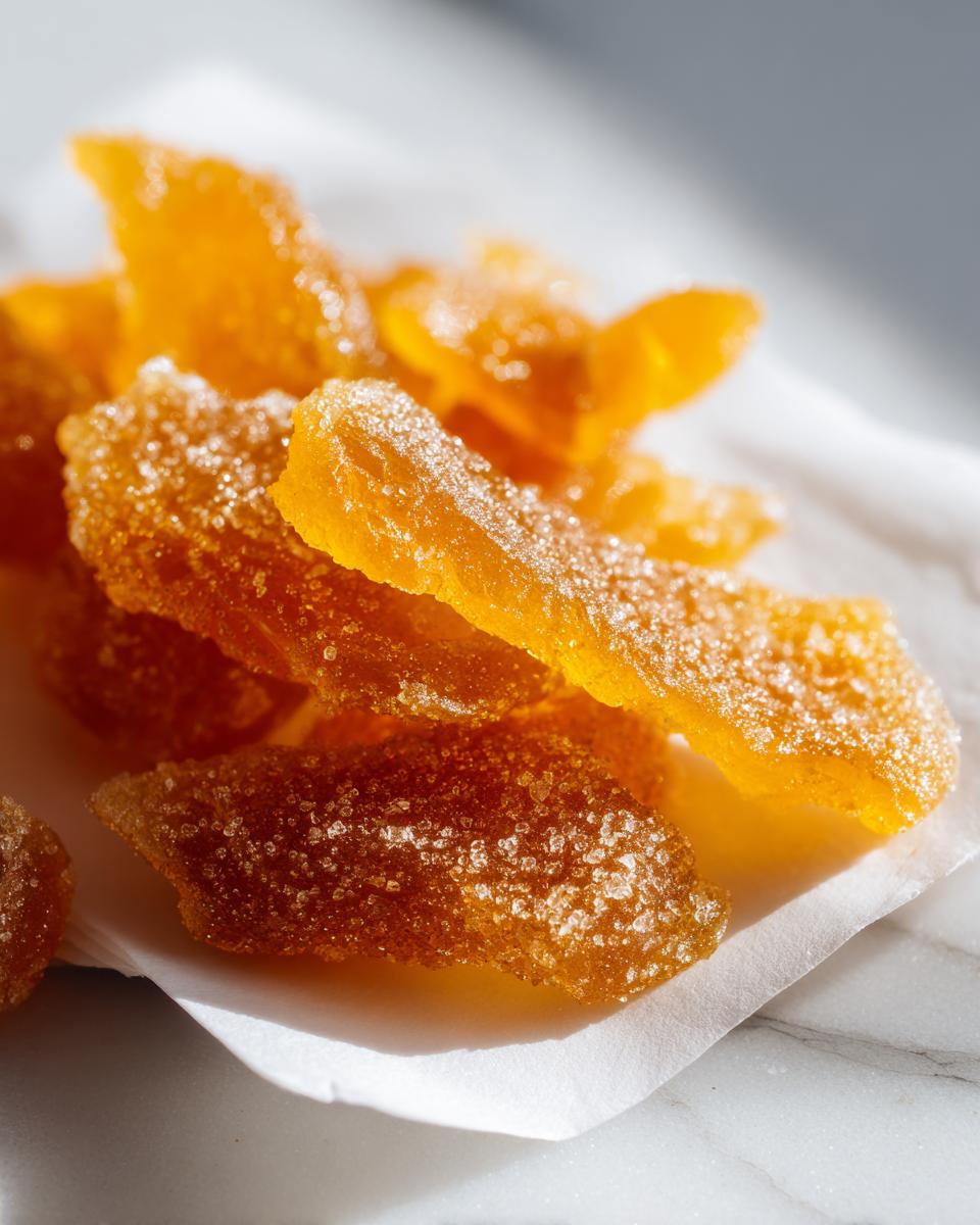 Close-up of glistening, orange candied citrus peel coated in sugar, made with Mixed Peel with Brown Sugar.