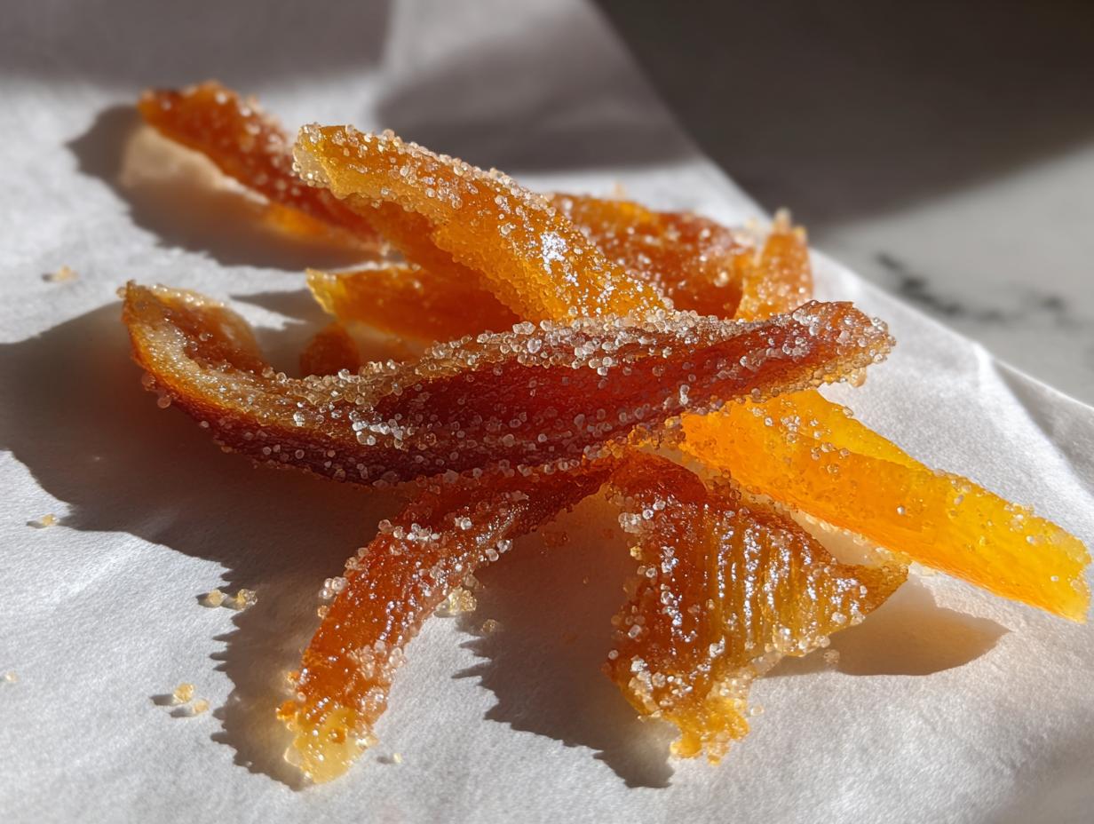 Close-up of candied orange peels generously coated in sparkling sugar, showcasing the Mixed Peel with Brown Sugar recipe.