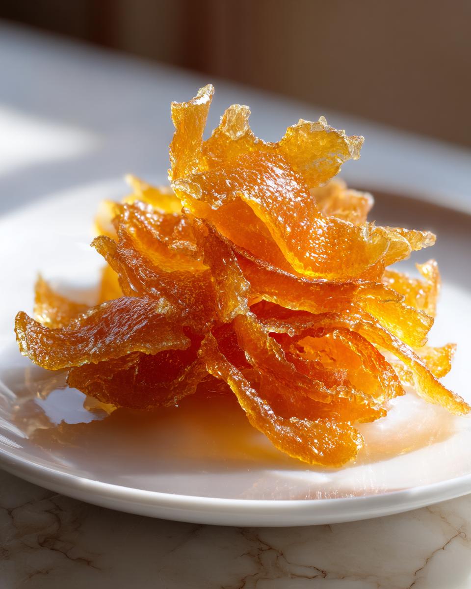 Close-up of glistening, candied orange peel pieces piled on a white plate, showcasing the finished Mixed Peel with Vanilla Syrup.