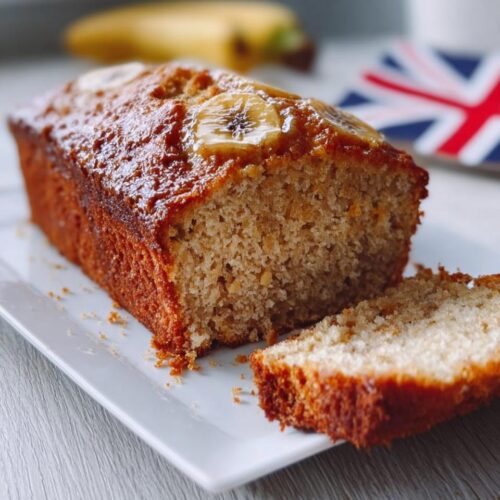 A freshly baked loaf of Moist Bakery Banana Bread, sliced on a white plate, topped with caramelized banana slices.