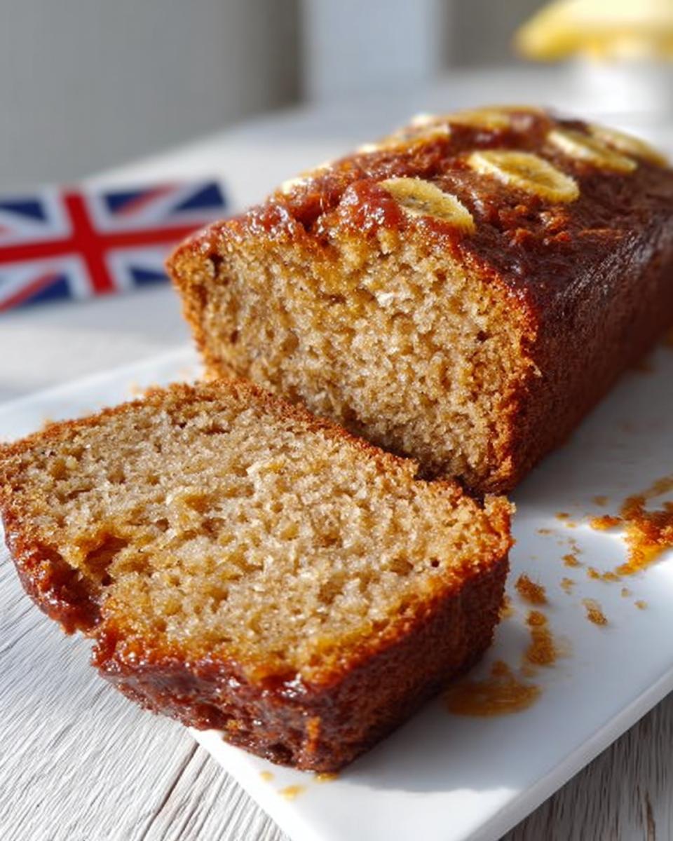 A loaf of Moist Bakery Banana Bread, partially sliced, showing its moist texture and glazed top with banana slices.