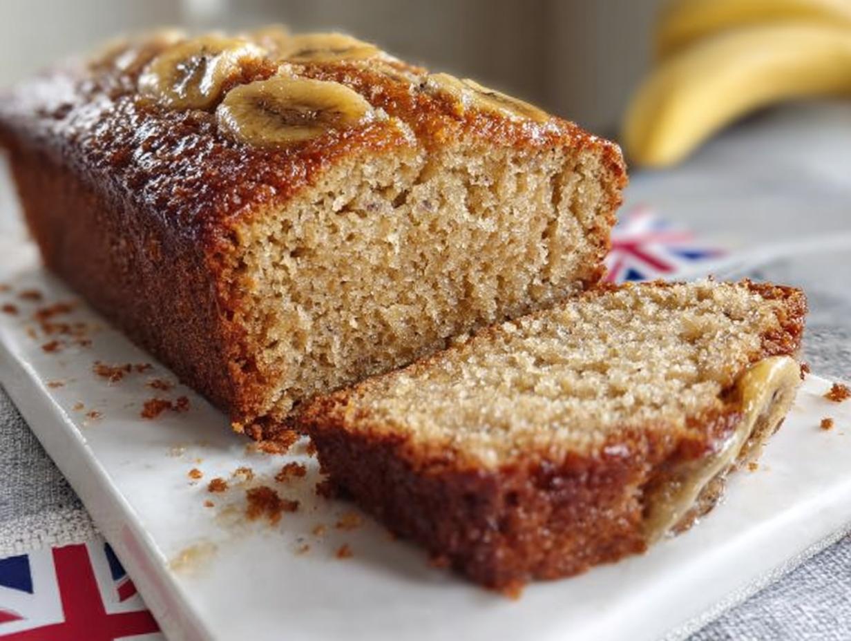 A loaf of Moist Bakery Banana Bread, partially sliced, showing its moist crumb and caramelized banana topping.