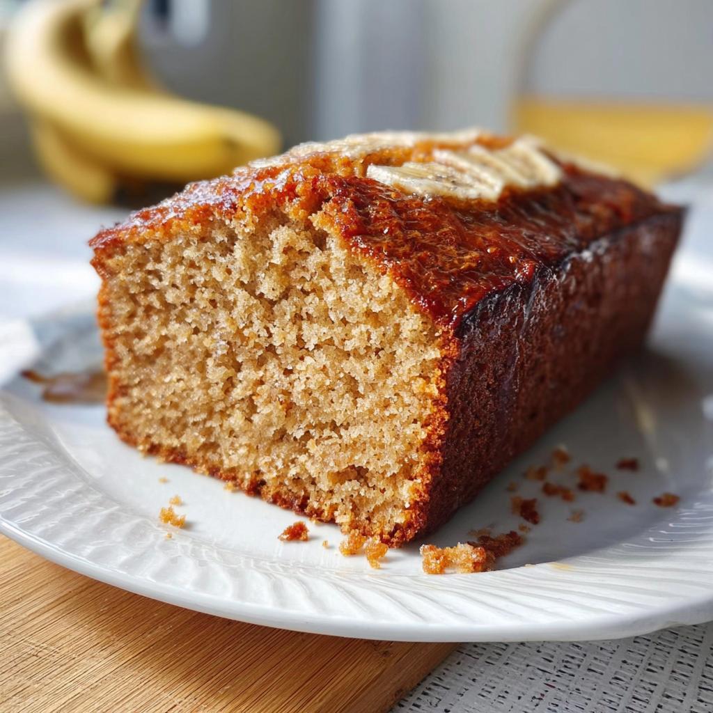Close-up of a thick slice of Moist Bakery Banana Bread showing its moist crumb and shiny glaze.