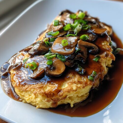 Close-up of fluffy Mushroom Egg Foo Young smothered in dark oyster sauce and topped with sliced mushrooms and green onions.