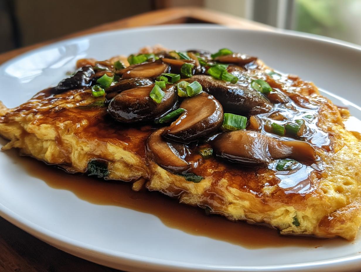 A golden omelet topped with glossy shiitake mushrooms and green onions, covered in Oyster Sauce, for Mushroom Egg Foo Young.