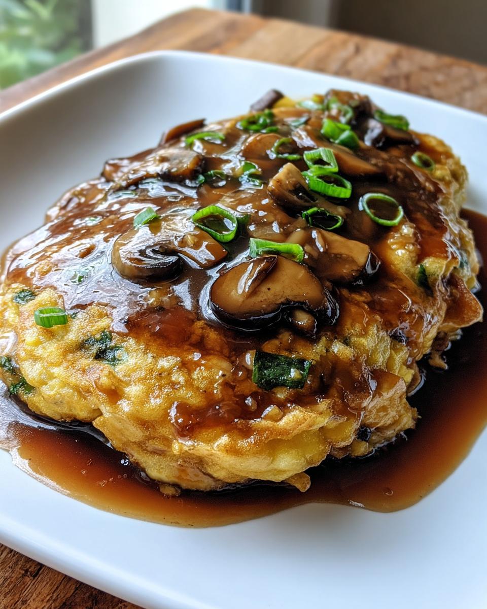 A golden-brown Mushroom Egg Foo Young patty generously covered in dark oyster sauce and sliced mushrooms, garnished with green onions.