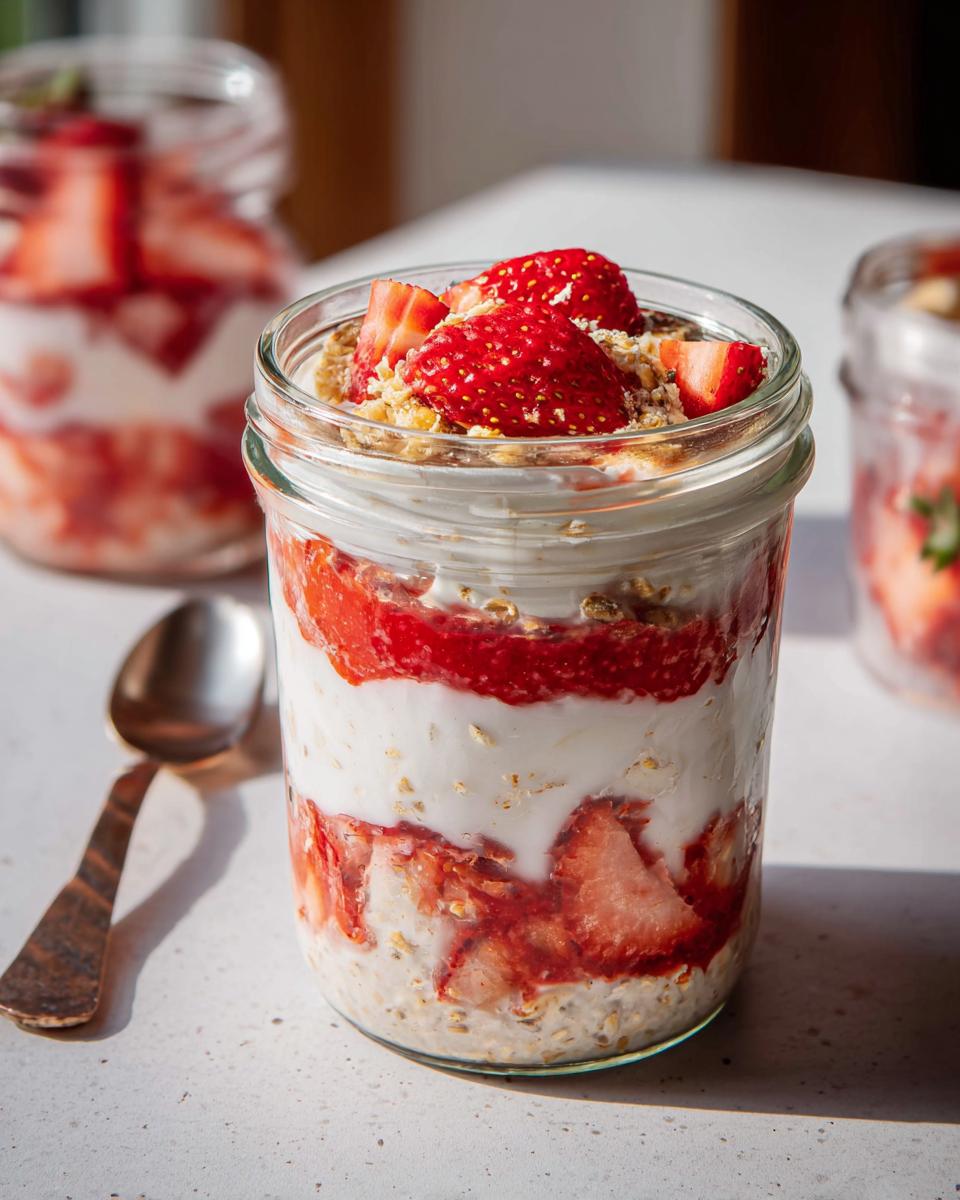Close-up of No-Sugar Strawberry Cheesecake Overnight Oats layered in a glass jar, topped with fresh strawberries.