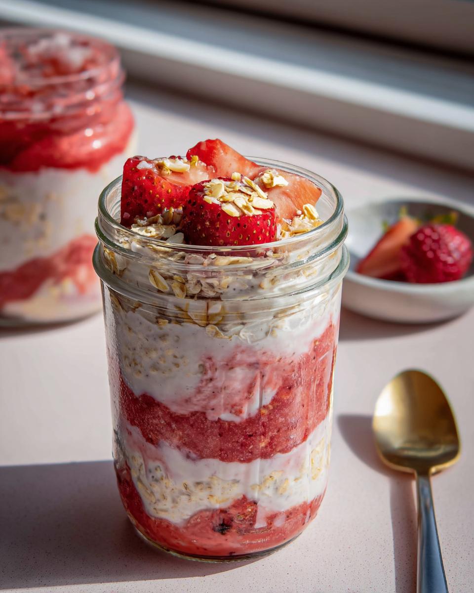 Close-up of No-Sugar Strawberry Cheesecake Overnight Oats layered in a glass jar, topped with fresh strawberries and oats.