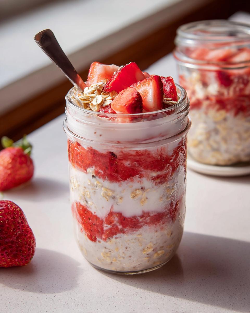 Close-up of No-Sugar Strawberry Cheesecake Overnight Oats layered in a mason jar, topped with fresh strawberries and oats.