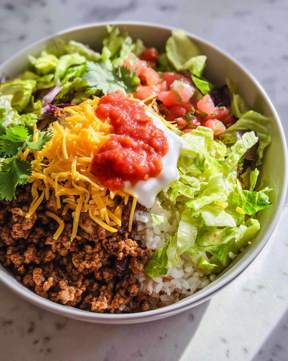 A vibrant bowl featuring seasoned ground beef, rice, shredded cheese, lettuce, salsa, and sour cream for a One-Bowl Taco Dinner.