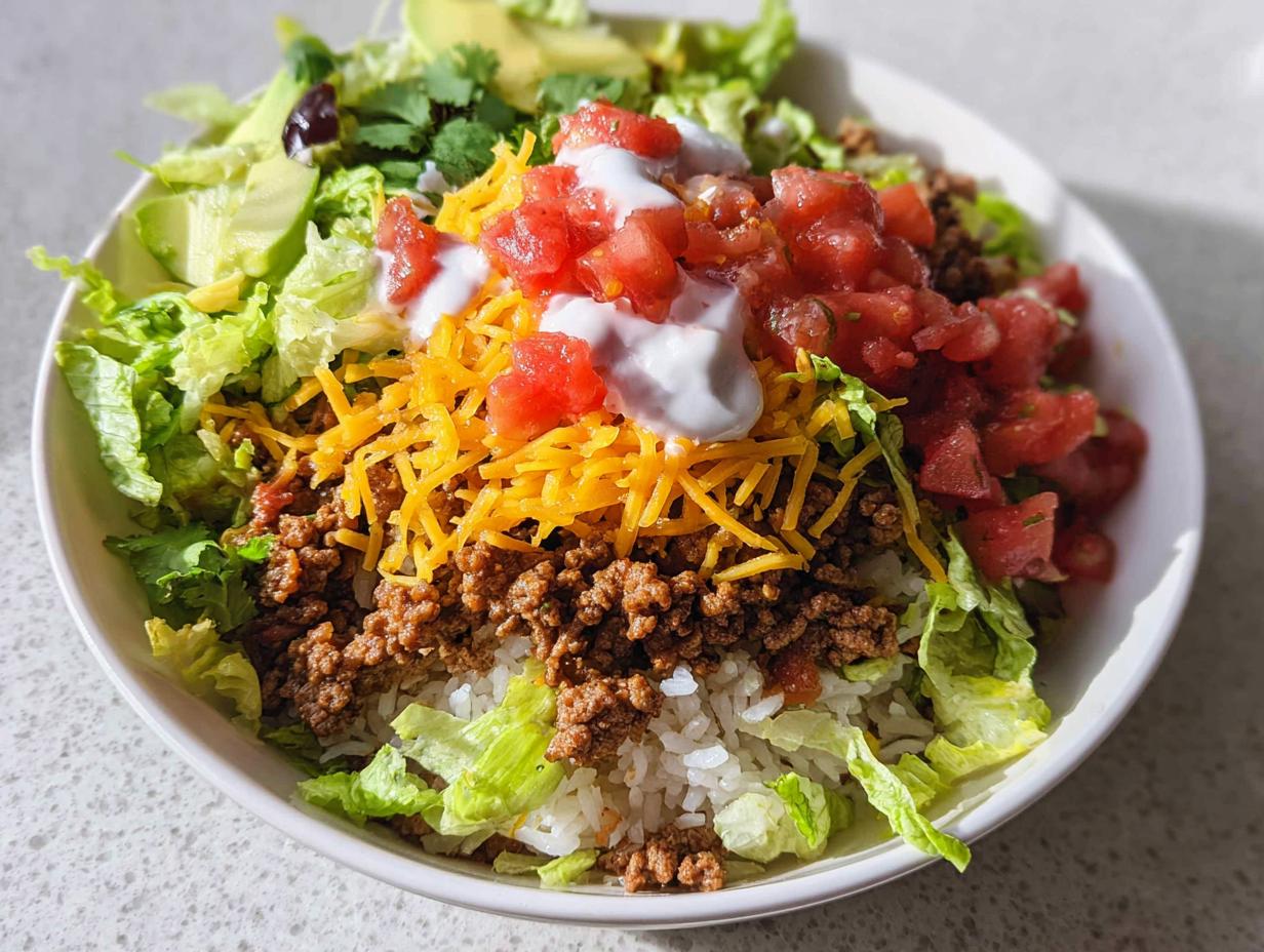 A close-up of a fully loaded One-Bowl Taco Dinner featuring rice, seasoned ground beef, lettuce, cheese, tomatoes, and sour cream.