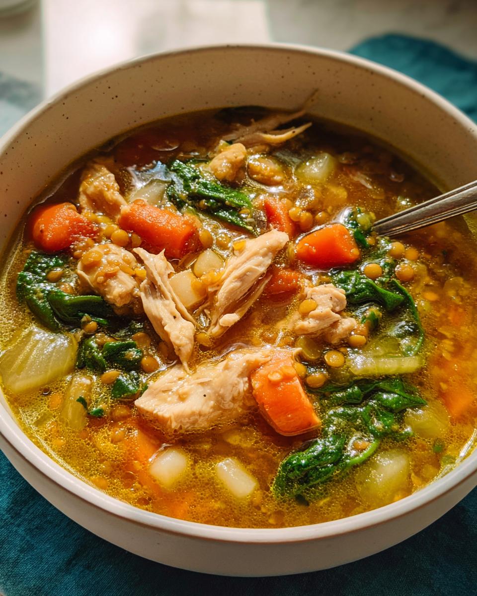 A close-up of a hearty bowl of One-Pot High Protein Soup featuring shredded chicken, carrots, spinach, and lentils in a rich broth.