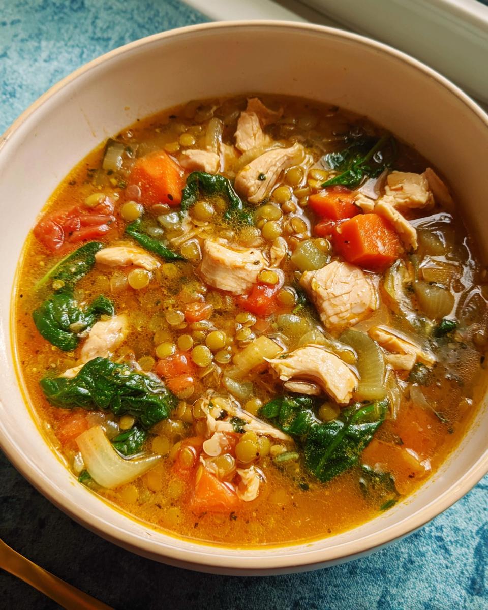 A hearty bowl of One-Pot High Protein Soup featuring chunks of chicken, green lentils, carrots, and spinach in a rich broth.
