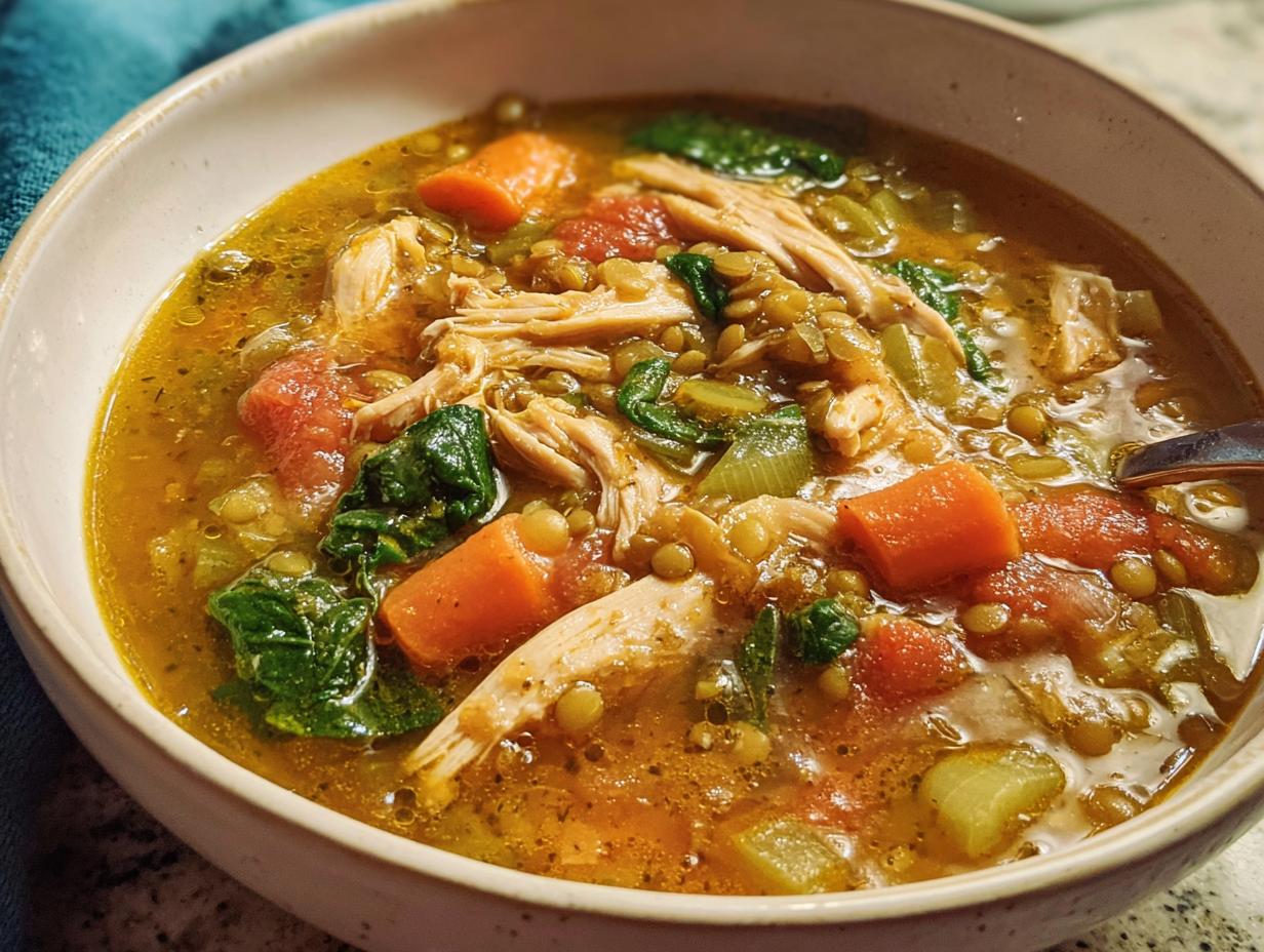 Close-up of a bowl filled with One-Pot High Protein Soup featuring shredded chicken, lentils, carrots, and spinach.