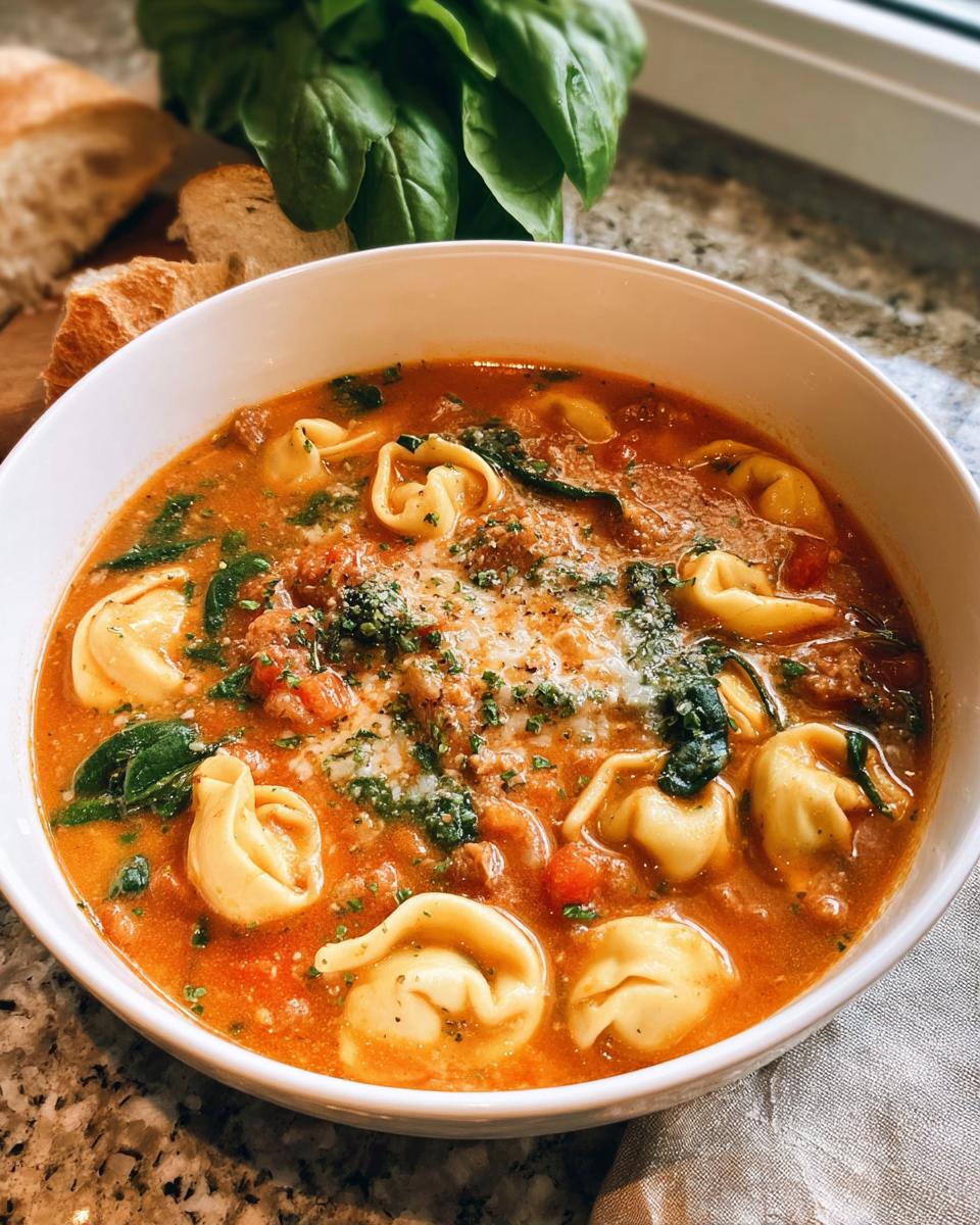 Close-up of a white bowl filled with rich, tomato-based One-Pot Tortellini Soup topped with cheese and herbs.