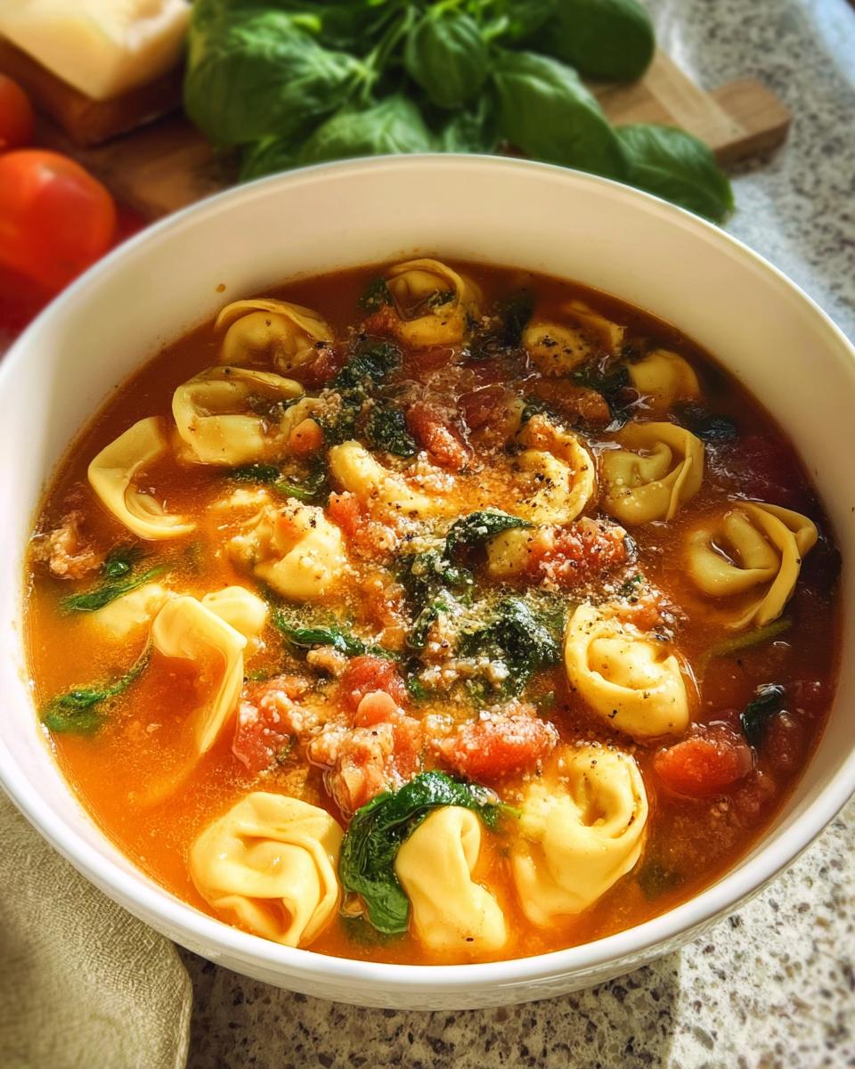 A close-up of a white bowl filled with One-Pot Tortellini Soup, featuring cheese tortellini, tomatoes, and spinach, topped with Parmesan.