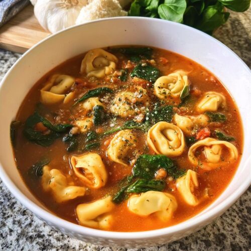 A close-up of a bowl filled with rich, tomato-based One-Pot Tortellini Soup, featuring tortellini, spinach, and grated cheese.