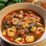 A close-up of a white bowl filled with steaming One-Pot Tortellini Soup, featuring tortellini, tomatoes, spinach, and grated cheese.
