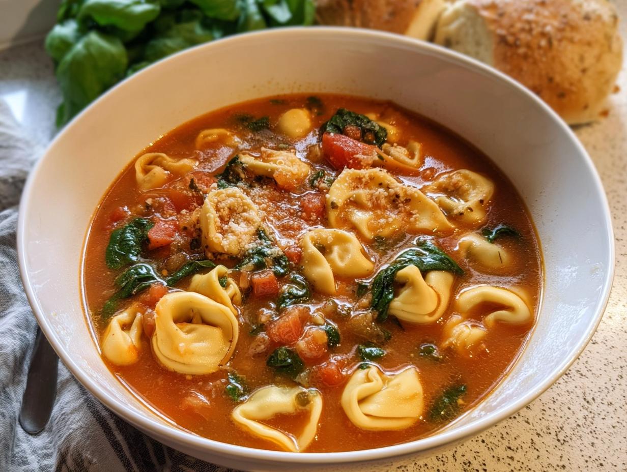 A close-up of a white bowl filled with steaming One-Pot Tortellini Soup, featuring tortellini, tomatoes, spinach, and grated cheese.