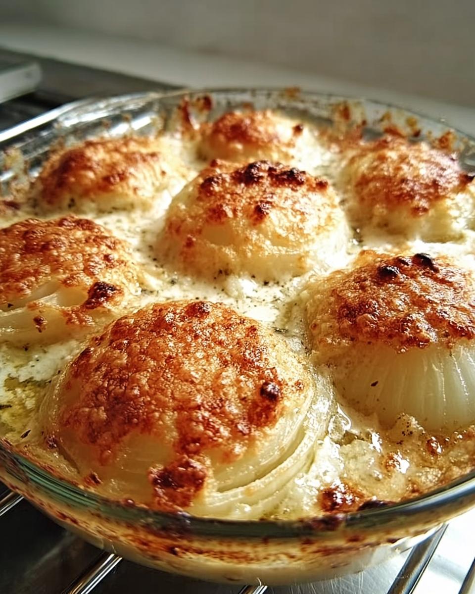 Close-up of whole onions baked in a creamy sauce and topped with browned Parmesan cheese in an Onion Bake with Parmesan.
