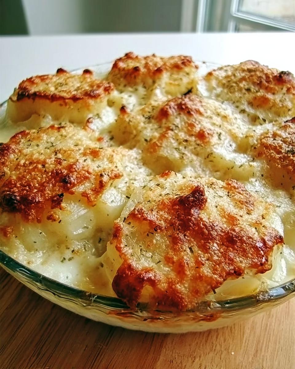 Close-up of a bubbling Onion Bake with Parmesan in a glass dish, featuring browned, cheesy tops.