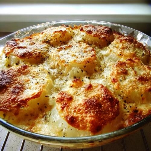 Close-up of a freshly baked Onion Bake with Parmesan, featuring browned, cheesy tops over tender onions in a clear glass baking dish.