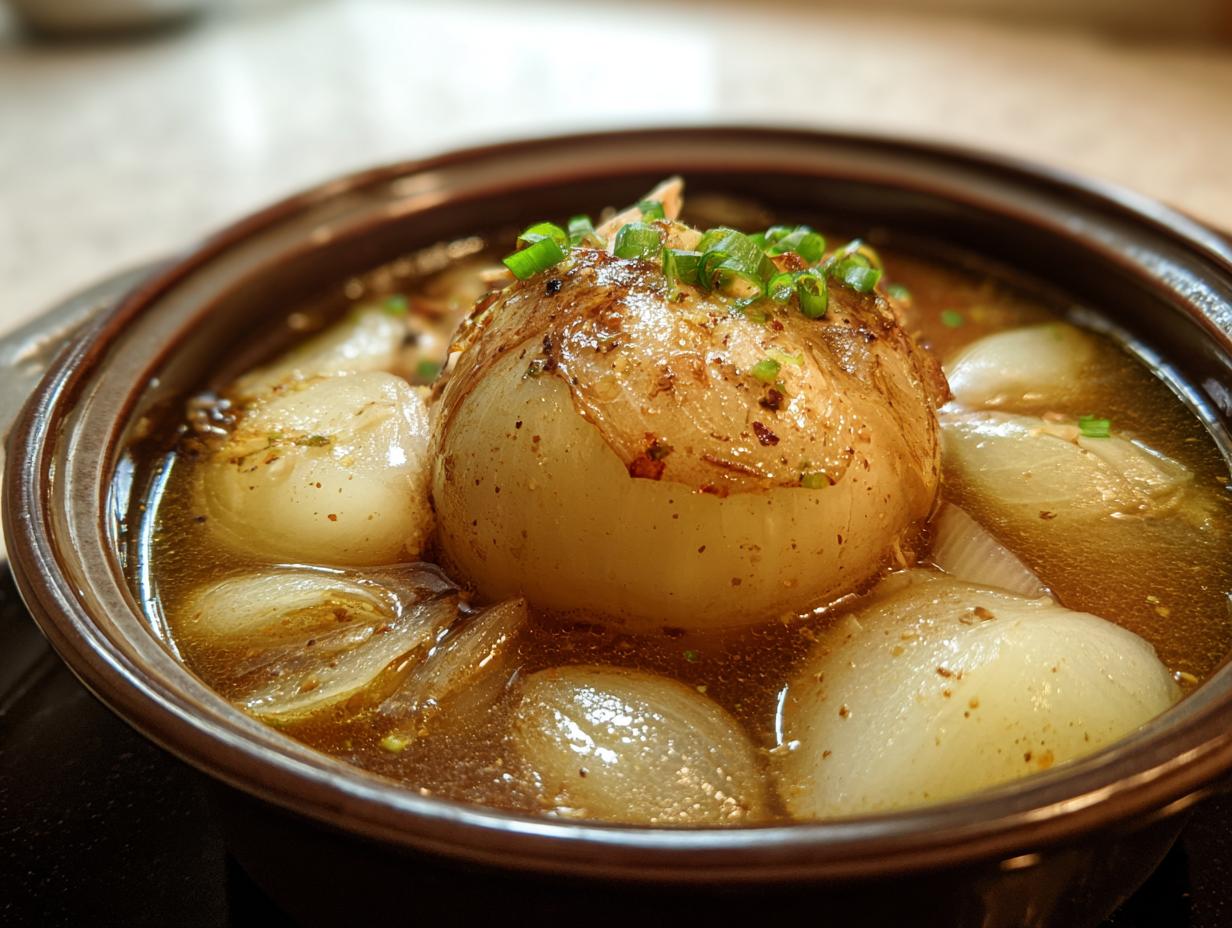 Close-up of a whole, roasted onion served in a rich broth with smaller onion pieces, part of an Onion Boil with Chicken Broth.