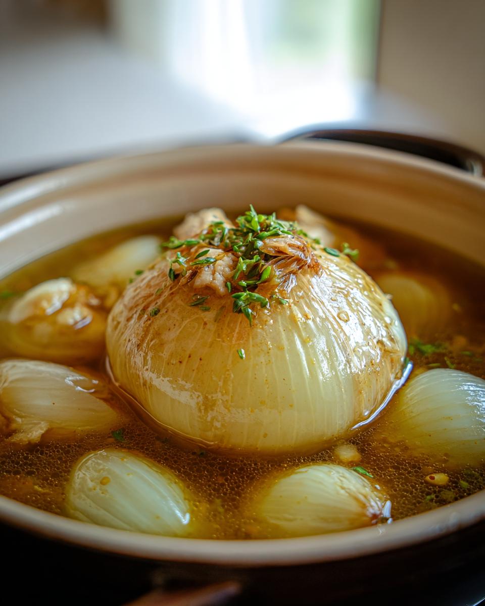 A large whole onion simmering in rich chicken broth with smaller pearl onions, part of an Onion Boil with Chicken Broth.